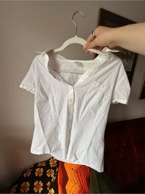 Y2K M&S White Pinstripe Button-Up Top with Puff Sleeves